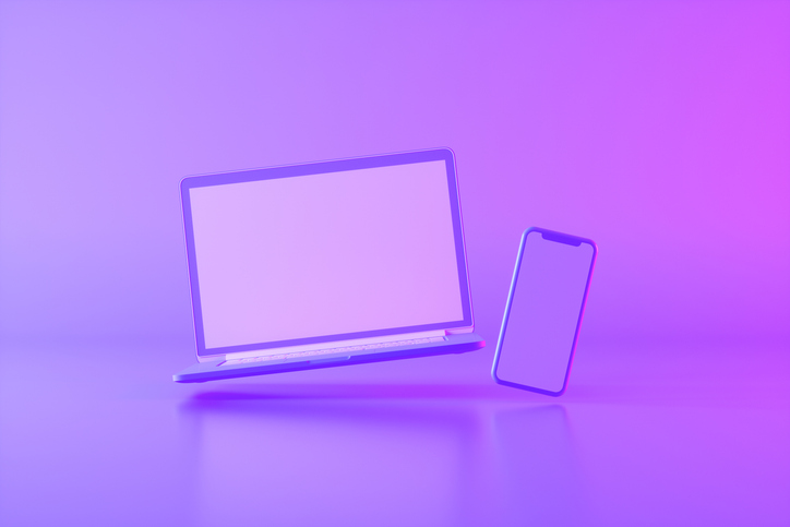 screen laptop and smart phone neon lighting background